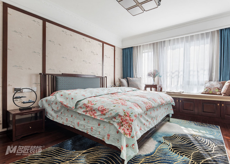 新中式风格室内装修设计效果图-保利外滩一号三居112平米-室内装修设计卧室