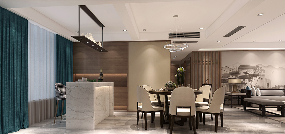 新中式风格室内装修设计效果图-美的桂畔君兰三居168平米-室内装修设计餐厅